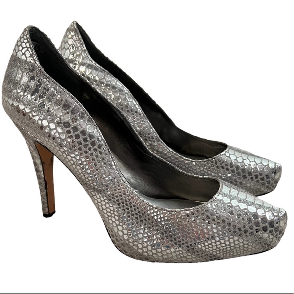 White House Black Market Silver Snakeskin Heels